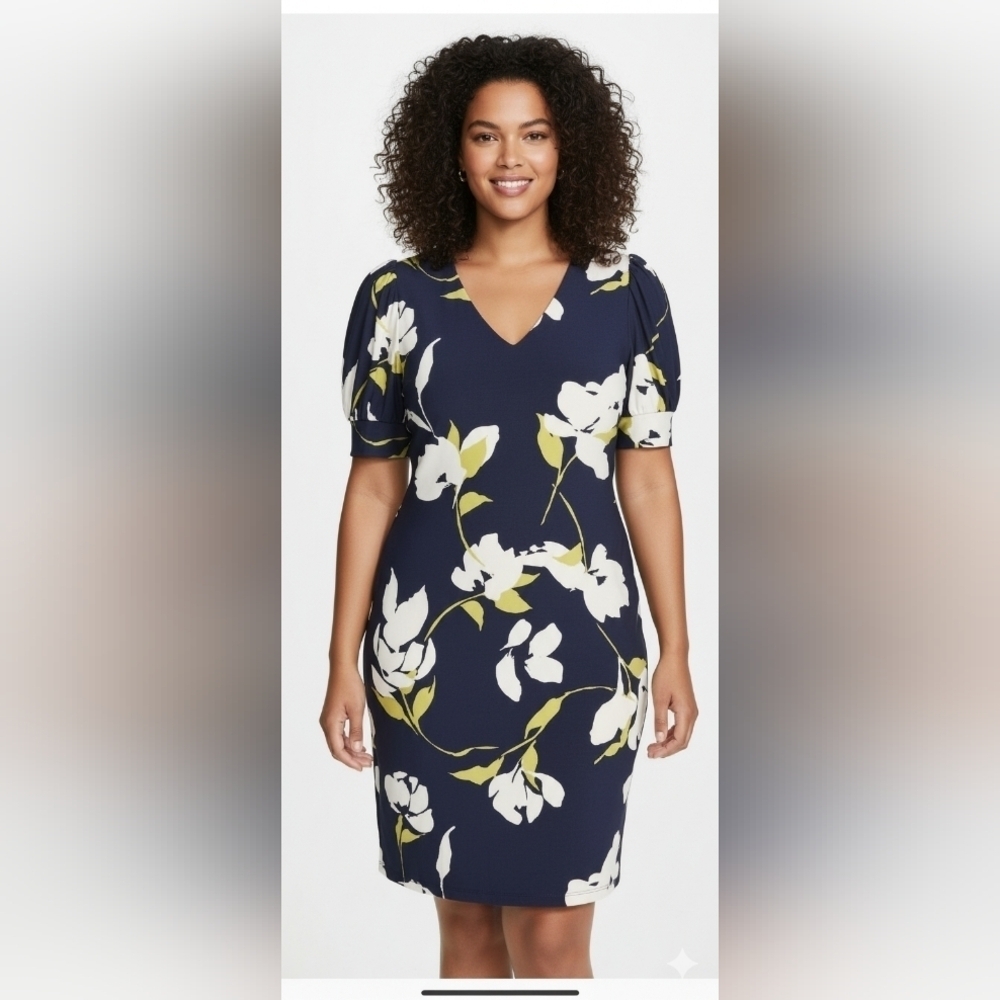 Harper Rose Short Sleeve V-Neck Shift Mini Navy Floral Size 14 Dress EUC